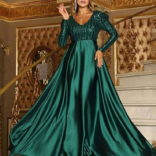 A-Line Sparkly Engagement Formal Evening Party Dress V Neck Long Sleeve Court Train Polyester with Sequin 2023