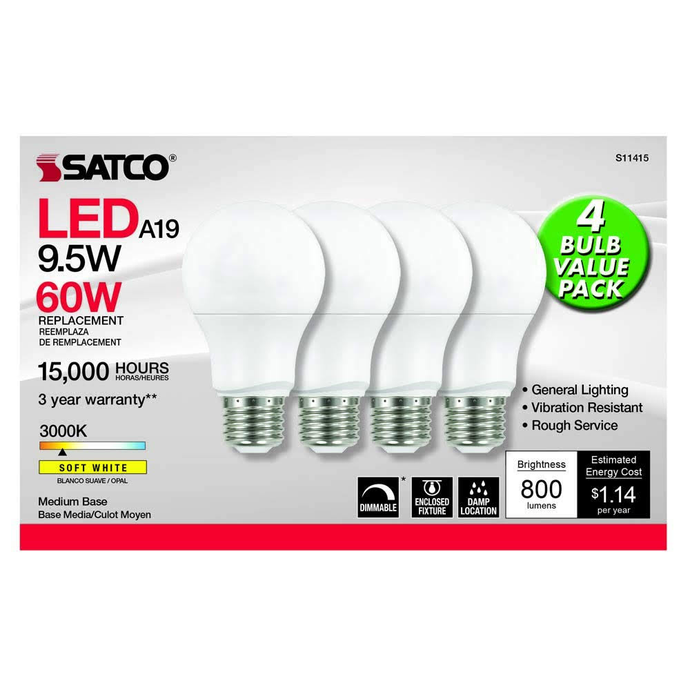 4Pk - Satco 9.5w 120v A19 LED E26 Medium Base 800 Lumens 3000k