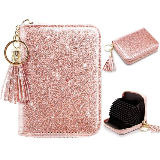 Womens Small Credit Card Wallet Holder RFID Glitter Pink