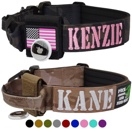 1.5 personalized Tactical dog collar with Handle & AirTag holder option & custom name patch