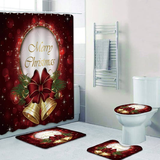 4pcs Merry Christmas Shower Curtain Sets,Waterproof Bath Curtain with 12 Hooks,Base Mat,Toilet Mat,Floor Mat,Bathroom Set