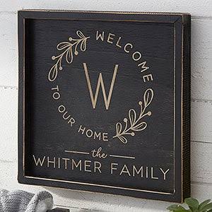 Welcome Wreath Personalized Distressed Black Wood Frame Wall Art 12x12