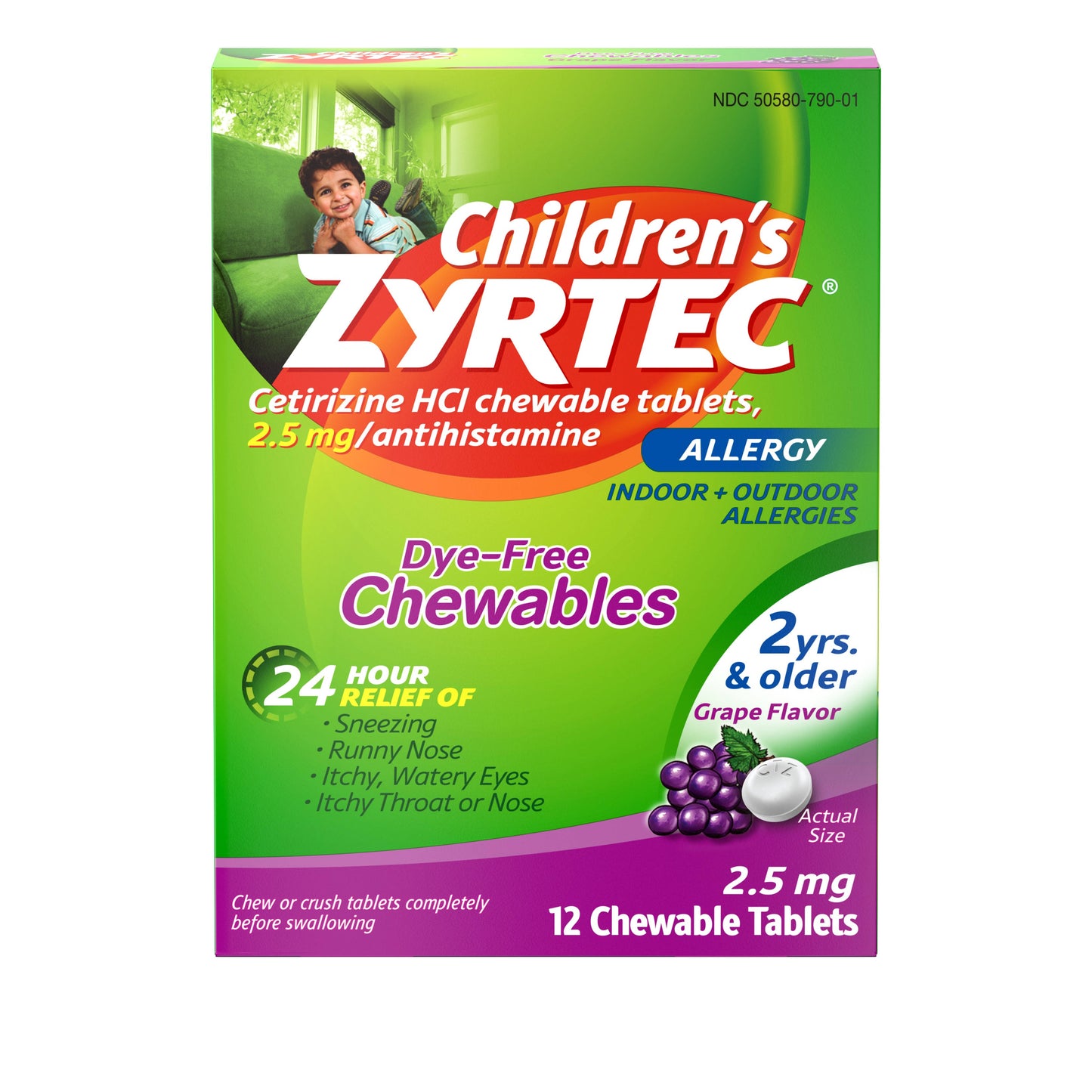 Zyrtec 24 Hour Childrens Allergy Chewable Tablets, Grape - 24 ct