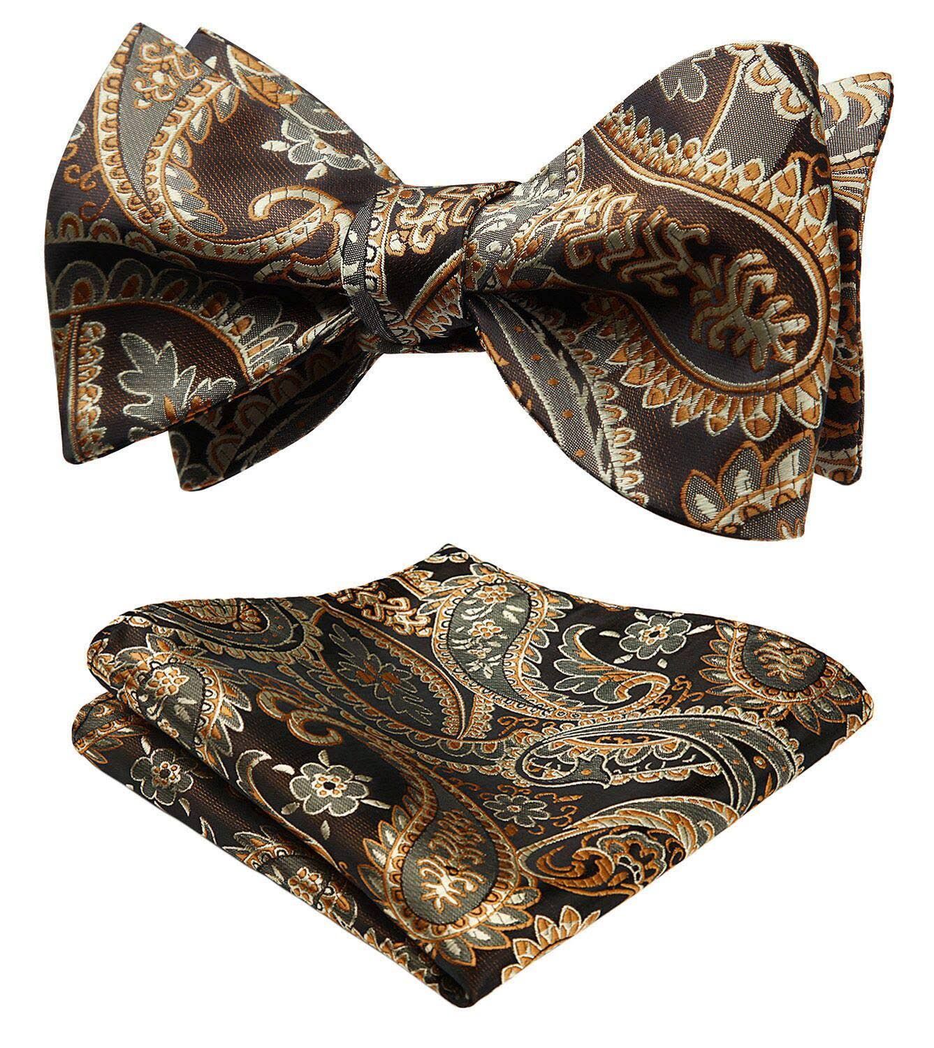 AIRTAILORS Mens Paisley Jacquard Woven Self Bow Tie Set One Size Gold/Brown