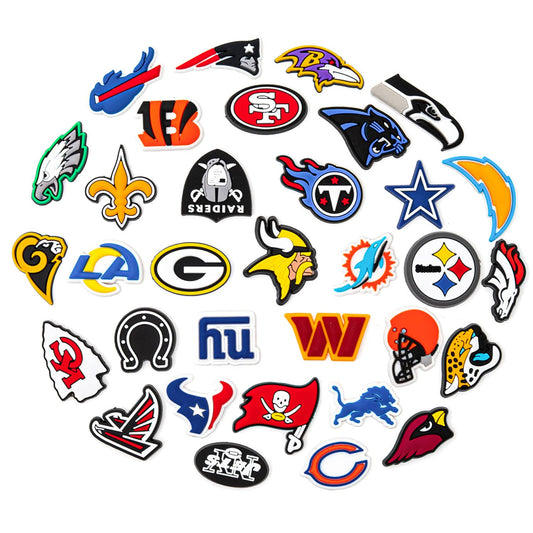 33pcs Football Teams Croc Charms Shoe Decoration PVC Cute Clog Pins Shoe Bracelet Wristband Birthday Party Favors Supplies Christmas Gifts