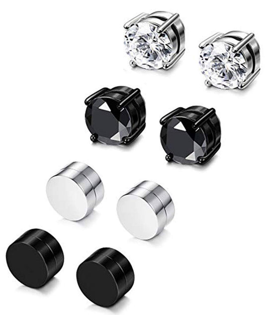 4 Pairs Stainless Steel Magnetic Stud Earrings for Men Women Non Piercing Clip on CZ Earrings 6MM