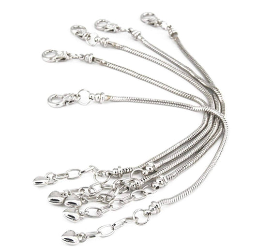 Yeshan 5pcs Silver Plated Snake Chain Charm Bracelet Starter with Classic Bead Lobster Clasp Fits All Chamilia Troll Biagi Beads