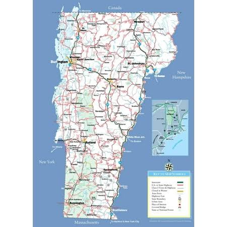 24x33in Large Detailed Tourist Map of Vermont with cities and towns Coated Paper, Size: 24 x 33