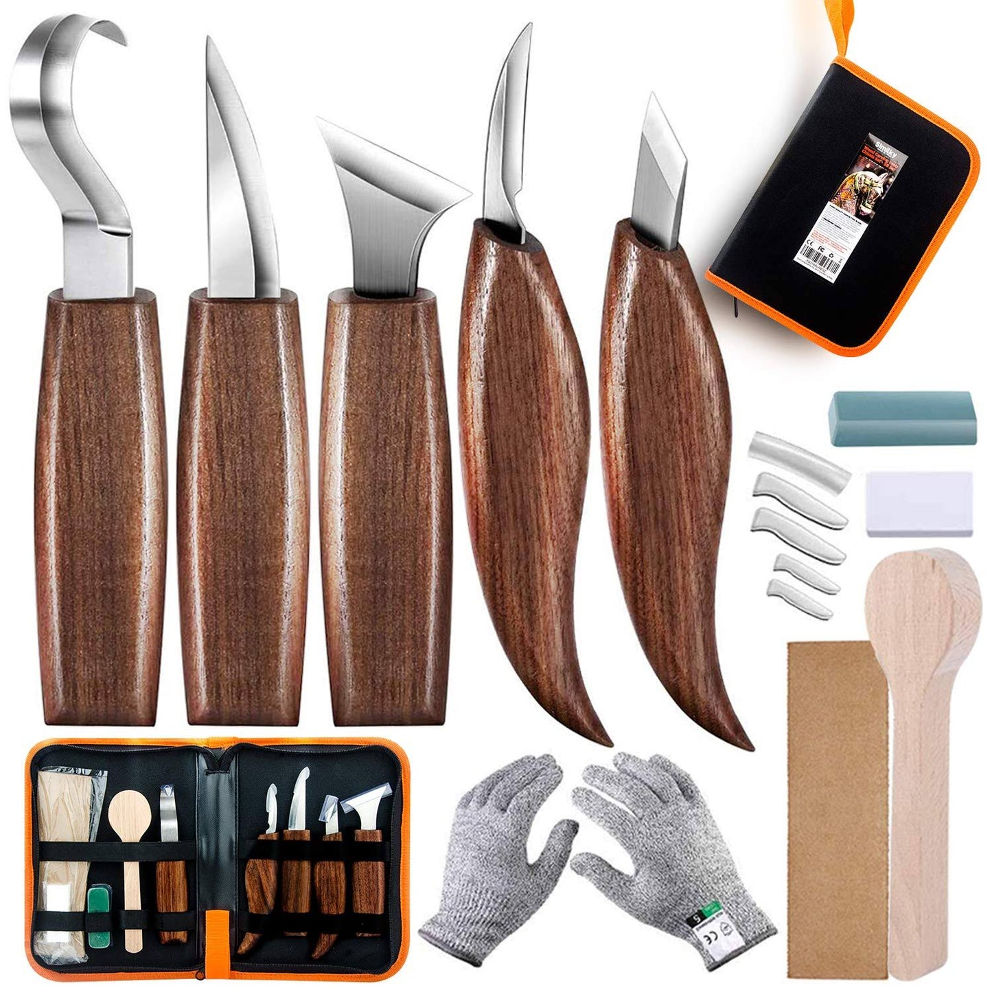 Whittling Knife, Wood Carving Tools 5 in 1 Knife Set - Includes Sloyd Knife, Chip Carving Knife, Hook Knife, Oblique Knife, Trimming Knife Sharpener