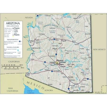 31x24in Arizona detailed map of with boundaries, state capital Phoenix, major cities Coated Paper, Size: 31 x 24