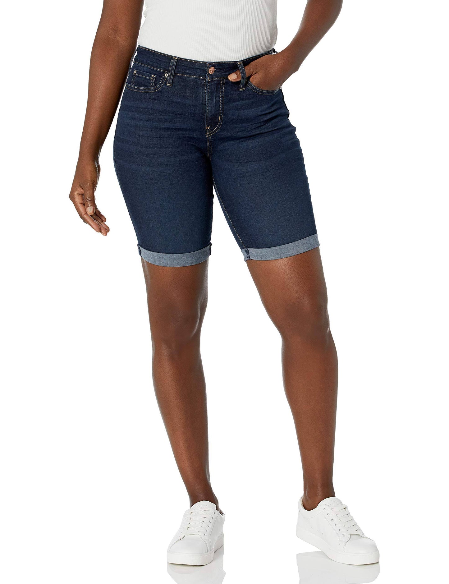 Womens Mid-Rise Stormy Sky Skinny Bermuda Shorts