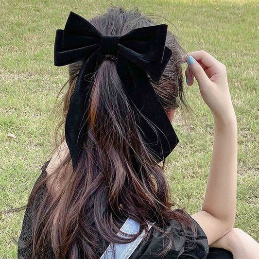 Yheakne Velvet Hair Bow Tail Satin Bow Long Tail Headpieces Winter Hair Barrette Headwear Hair Accessories for Women and Girls Gifts (Black)