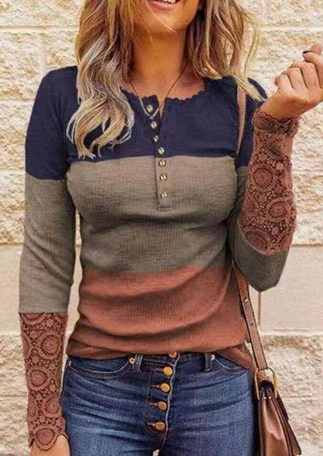 Women Long Sleeve Blouse Color Block Lace Splicing Hollow Out Button Fall Women Blouse