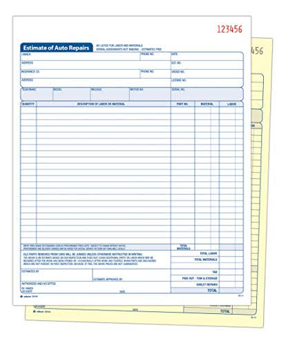 Adams Auto Repair Estimate Book, 2-Part, Carbonless, 8.38 x 10.69 Inches, White/Canary, 50 Sets per Book (D8104)