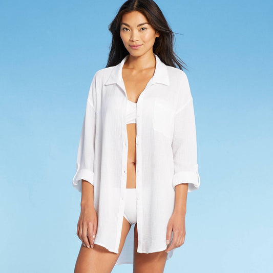 Womens Button-Up Cover Up Shirtdress - Kona Sol White M