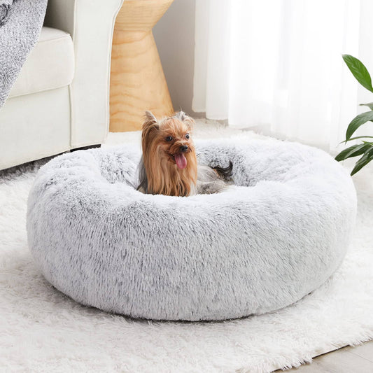 WNPETHOME Calming Dog Bed & Cat Bed, Anti-Anxiety Donut Small Dog Bed, Fluffy Faux Fur Cat Cushion Dog Bed for Small Dogs and Cats (24 x 24 x 8 inch