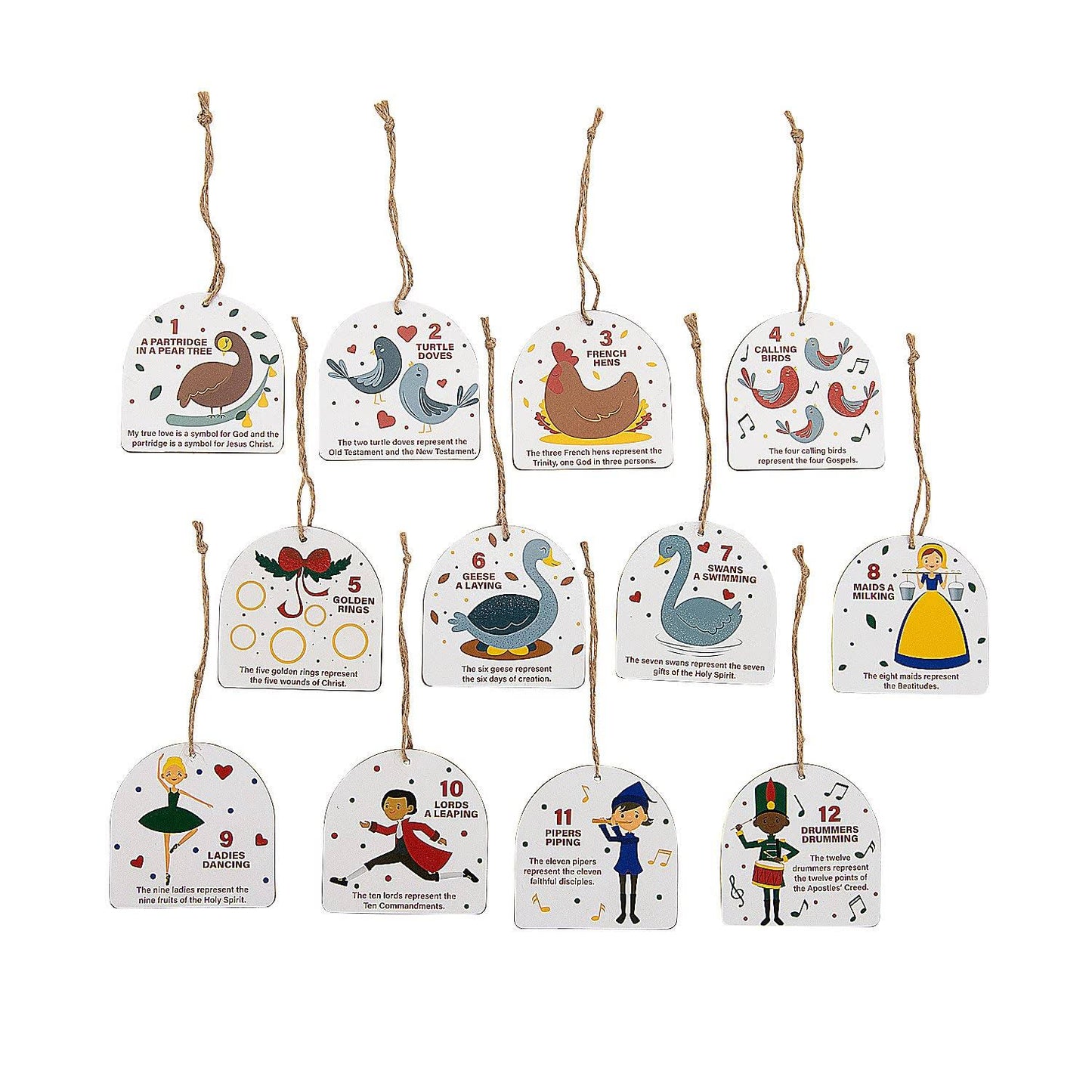 12 PC 3 Religious 12 Days of Christmas Wood Ornament Set