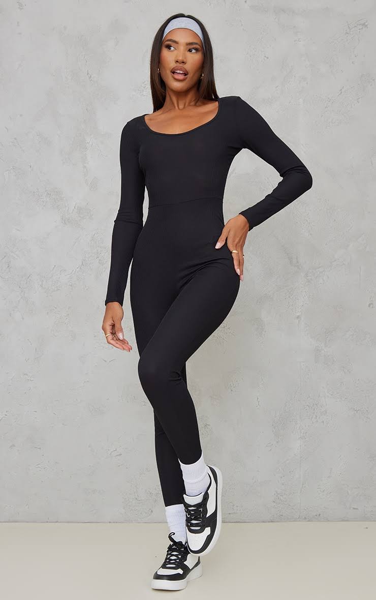 Womens Black Ribbed Long Sleeve Scoop Neck Jumpsuit