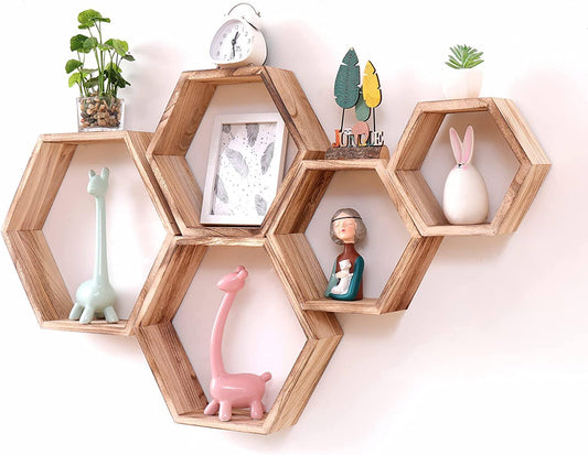 Wonfulity Hexagon Floating Shelves Set of 5, Honeycomb Shelves Wall Mounted Wood Farmhouse Storage Wall Shelf for Bathroom, Kitchen, Bedroom, Living