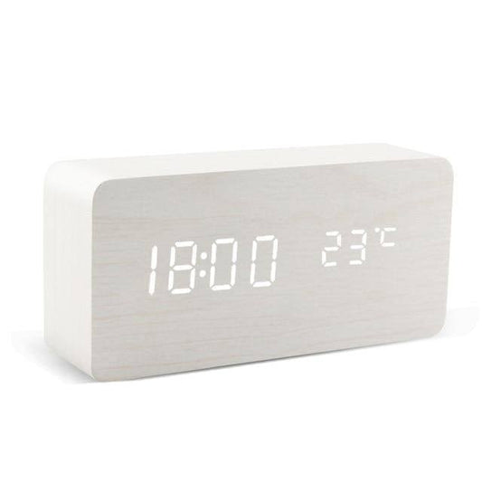 Wooden Cube LED Alarm Clock White / Rectangle / Time + Temperature