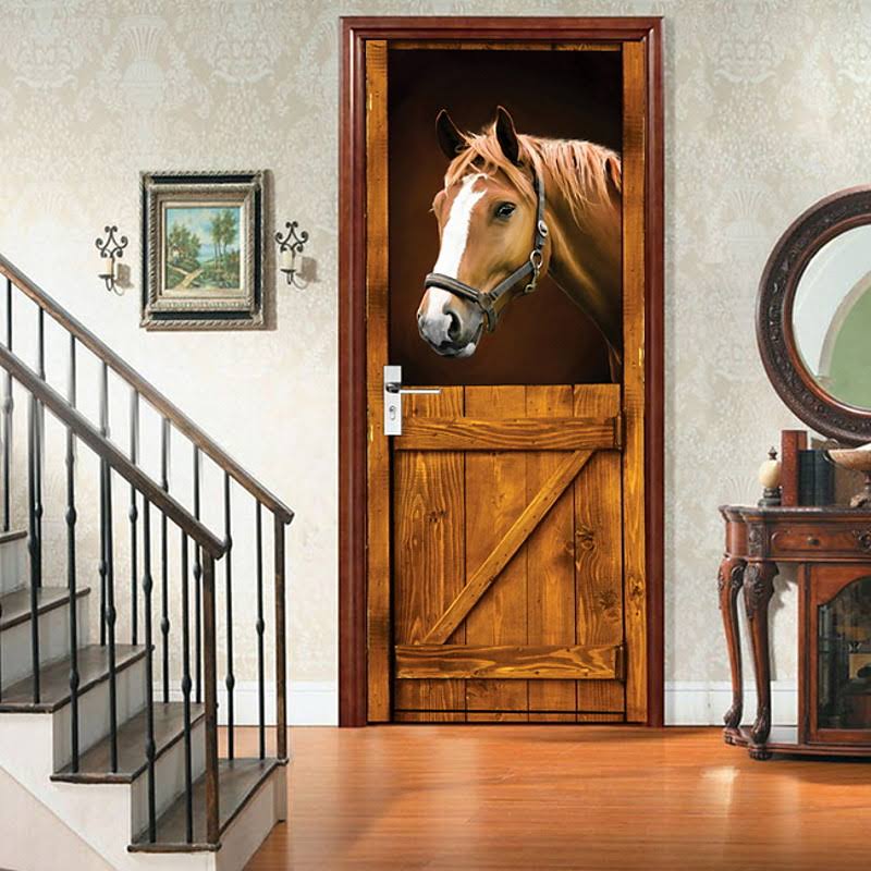 3D Horse Door Stickers Stable Decor DIY Home Decoration Closet Poster Door Stickers for bedroom living room 77200CM