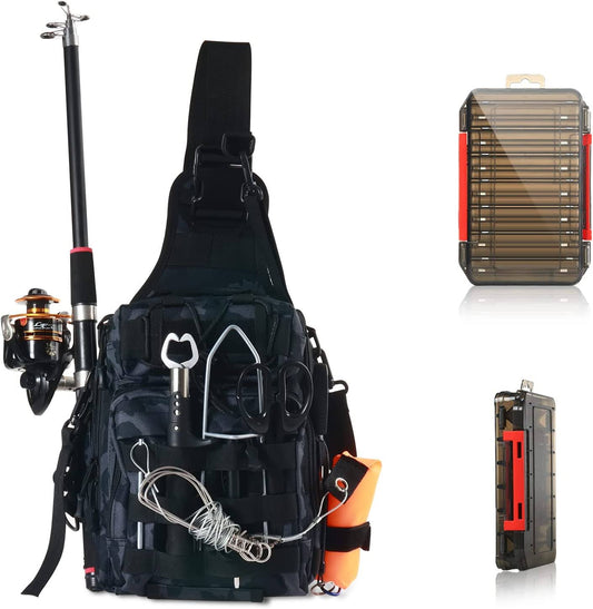 Aertiavty Compact Fishing Tackle Bag, Fishing Bag with Tackle Box and Rod Holder Outdoor Sport Fishing Backpack