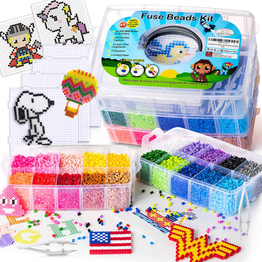 22,000 Fuse Beads 5mm with 100 Full Size Patterns, 20 Pre-Sorted Colors, 4 Big Pegboards, Perler Hama Melty Iron Beads Compatible