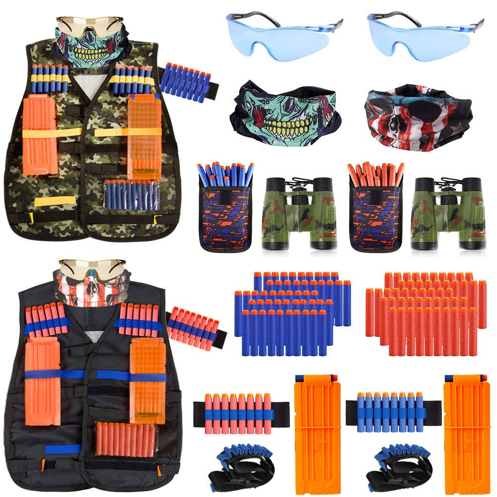 Ailuki 2 Pack Kids Tactical Vest Kit for Nerf Guns Game N-Strike Elite Series Wars with Refill Darts, Reload Clips, Dart Pouch, Tactical Mask, Wrist Band