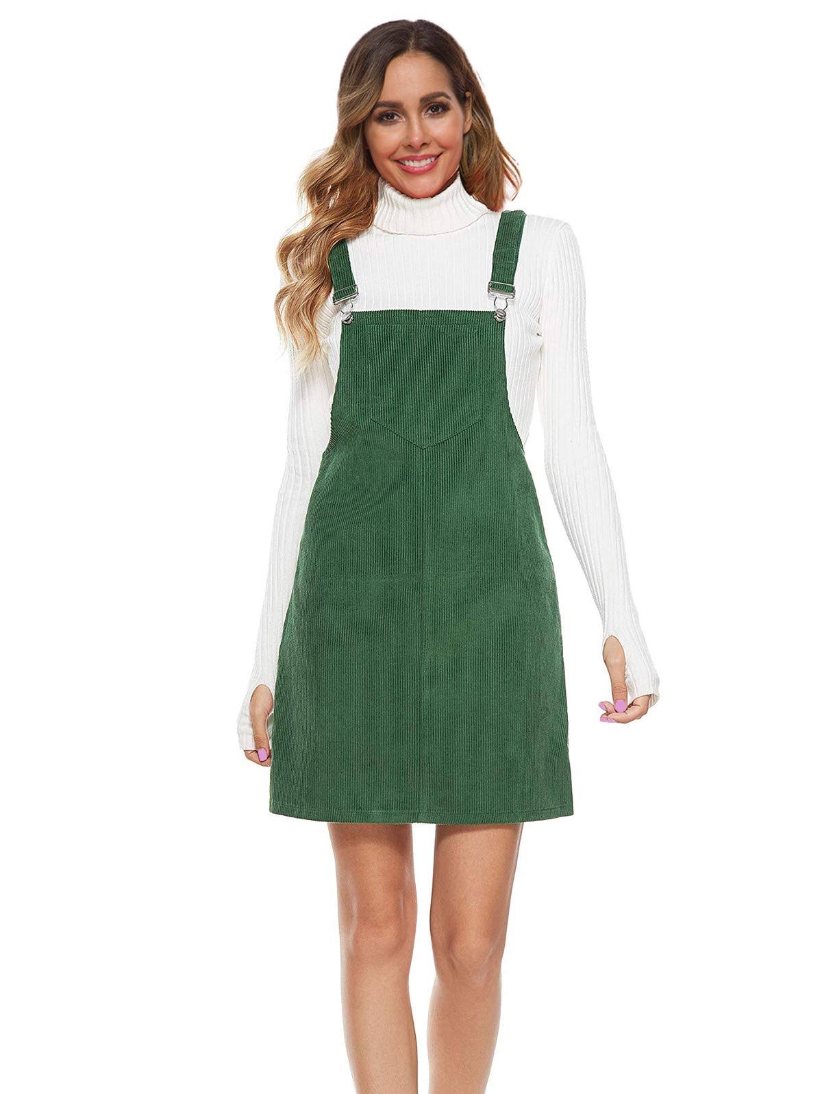 Womens Adjustable Straps Cuffed A-line Corduroy Pinafore Bib Pocket Overalls Dress