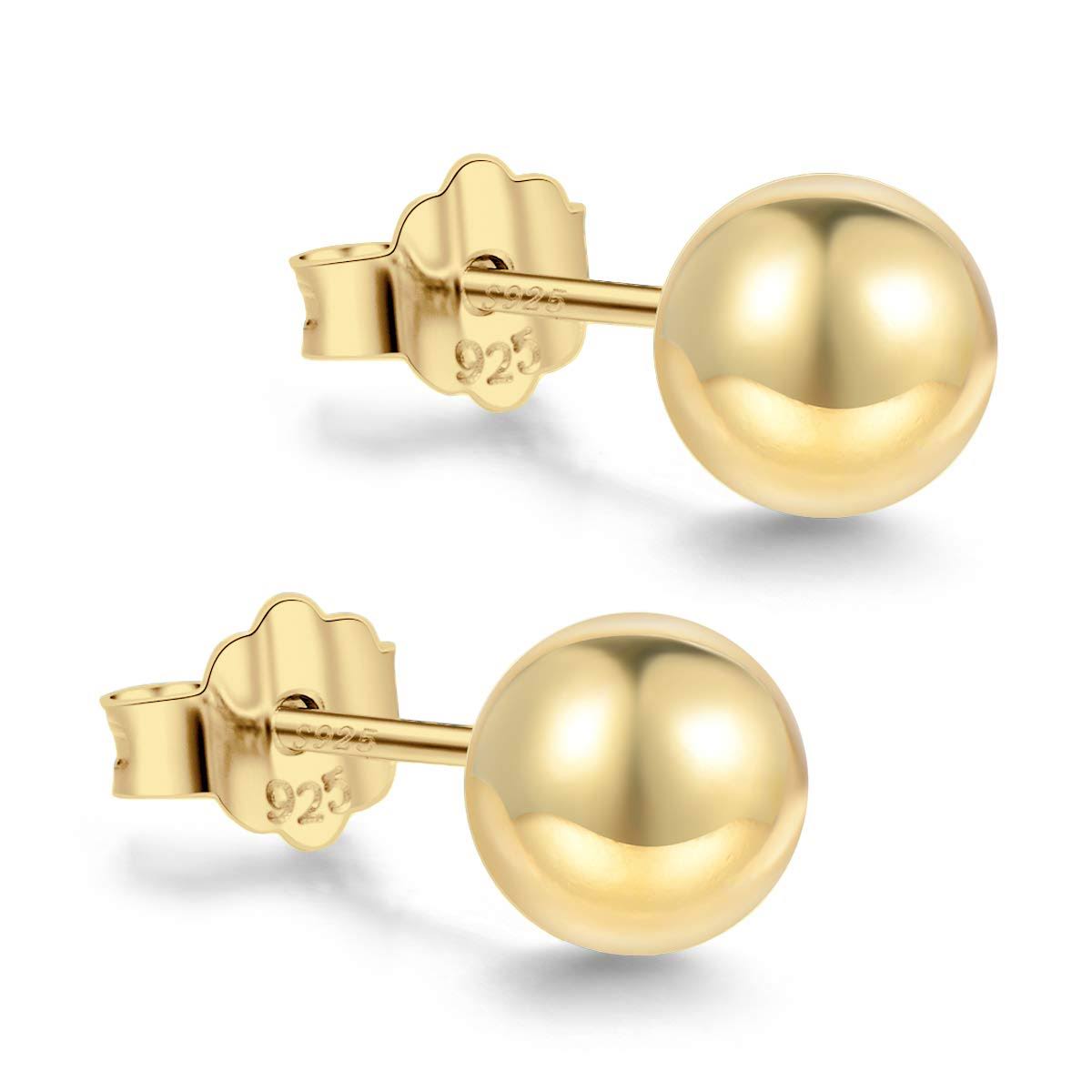 18K Gold Plated Sterling Silver Ball Stud Earrings 3mm-10mm Options, Simple Polished Ball Studs Hypoallergenic Jewelry