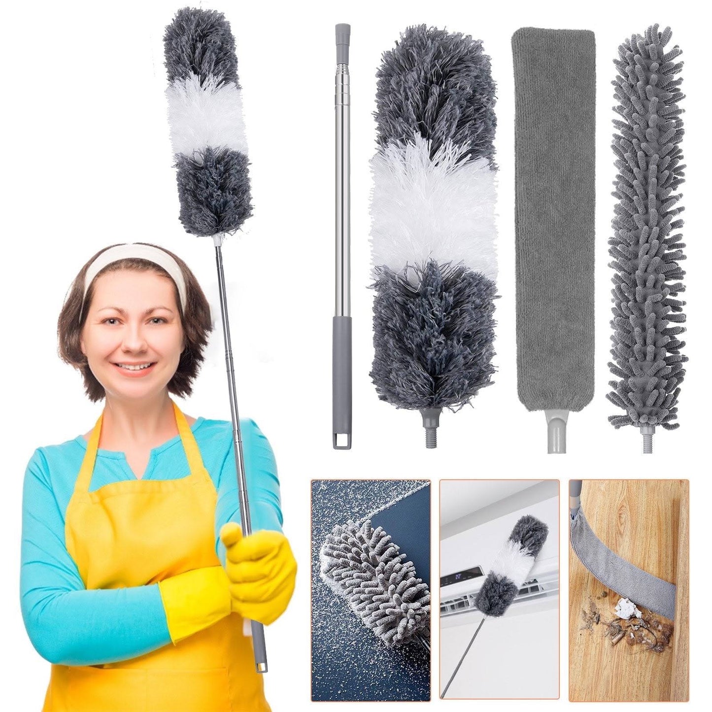 3 in 1 Microfiber Dusters Detachable with Extension Pole 30-100 inch Duster Cleaning Kit