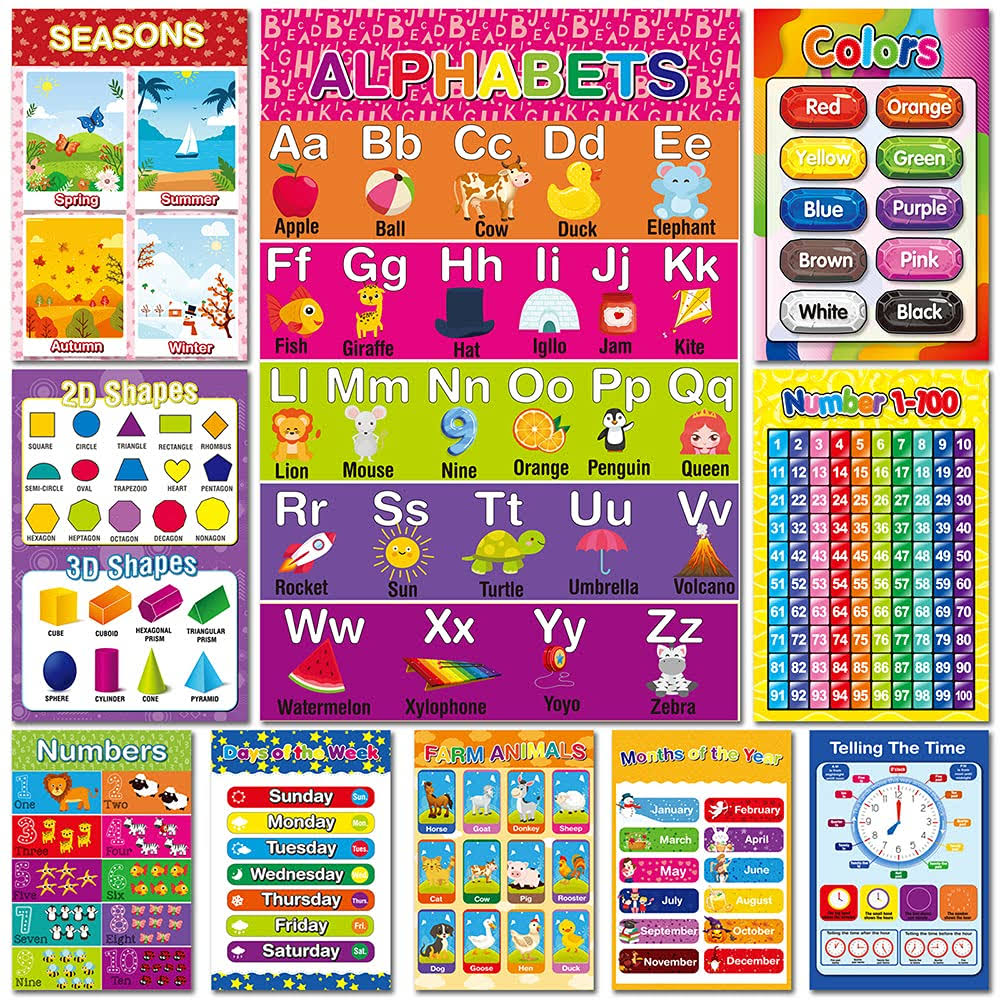 Yeebay Educational Preschool Learning Poster for Toddler Pre-K Kindergarten Daycares Classroom Homeschool Teachers - Incl Alphabet Colors Shapes Numbe