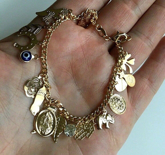 18K Gold Filled Multi Charm Good Luck ,Money Bracelet 7,25 long /Pulsera de Buena Suerte.Dinero,Proteccion 7,25 largo