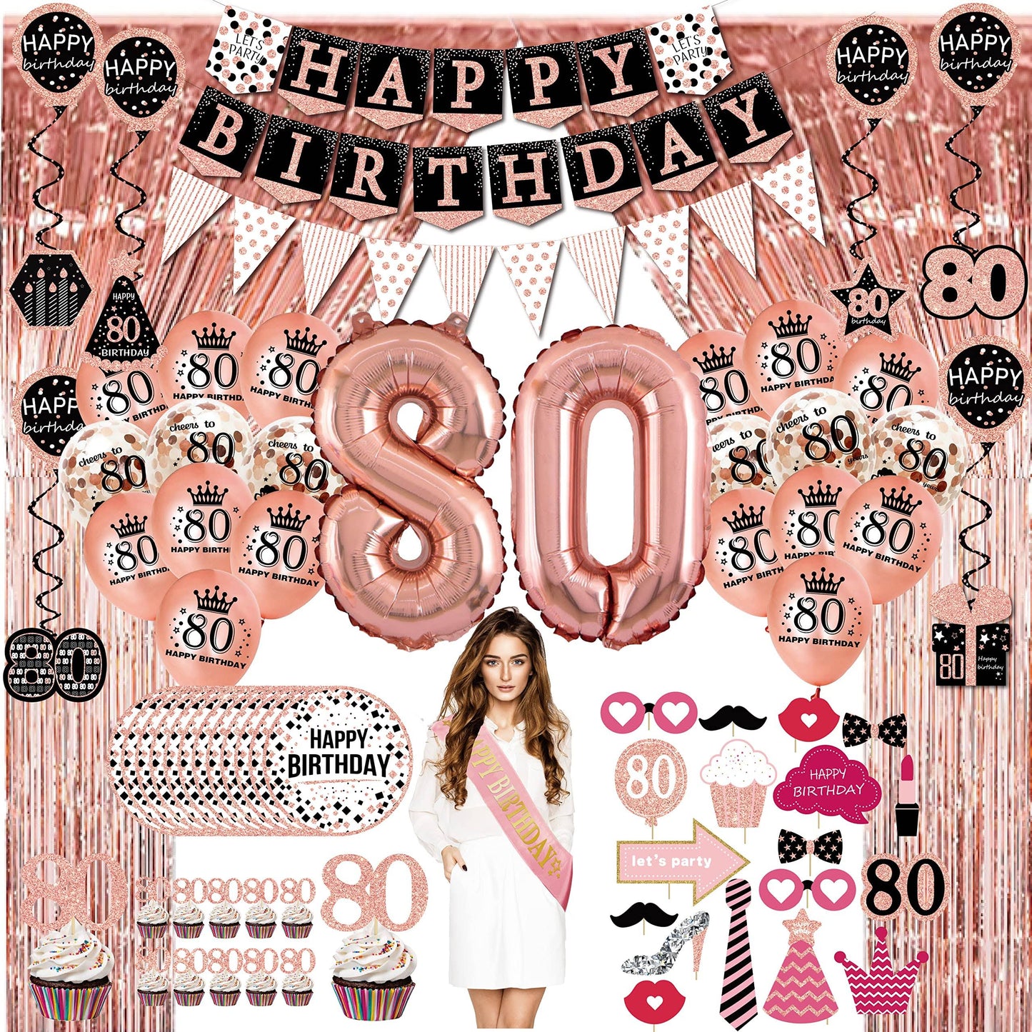 60th Birthday Decorations for Women - (76pack) Rose Gold Party Banner, Pennant, Hanging Swirl, Birthday Balloons, Foil Backdrops, Cupcake Topper, Plat