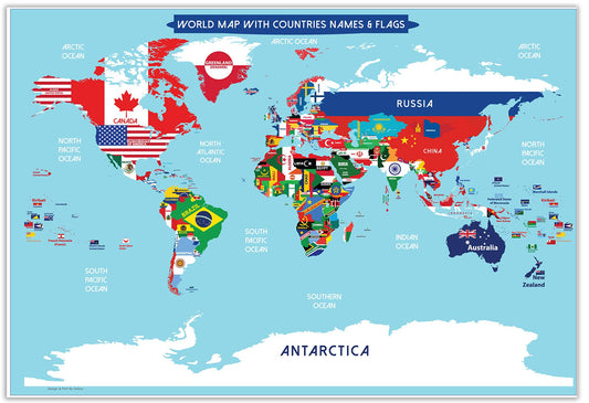 World Map Poster with Countries FLAGS for Kids Perfect World wall Map for School classroom or home