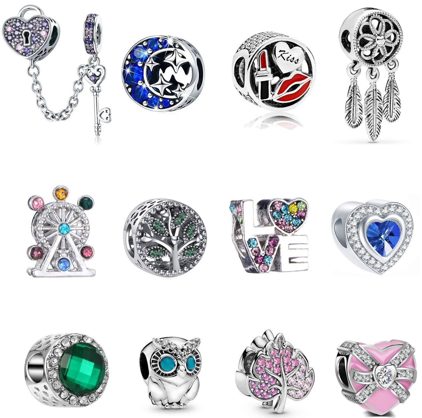 12pcs A Suit 925 Silver Plating Alloy Enamel Colored Rhinestones Tree of Life Lock Owl Heart Luck Bead Charms for Charm Bracelets Snake Bracelet