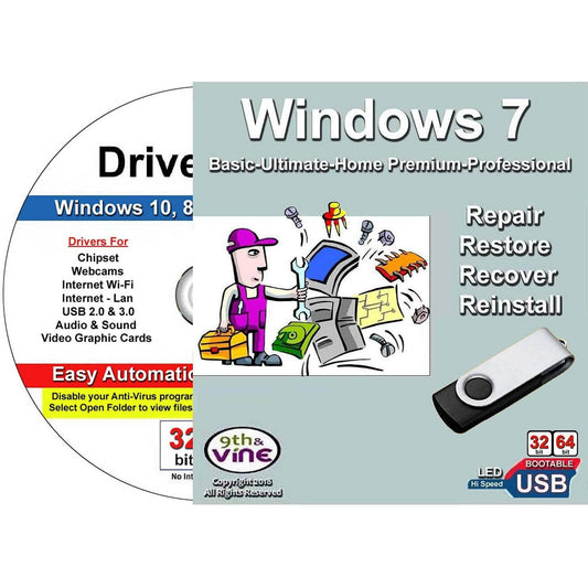 Windows 7 All Versions 32/64 Bit Install Repair Recover Restore USB Flash Drive For Legacy Bios Plus Drivers