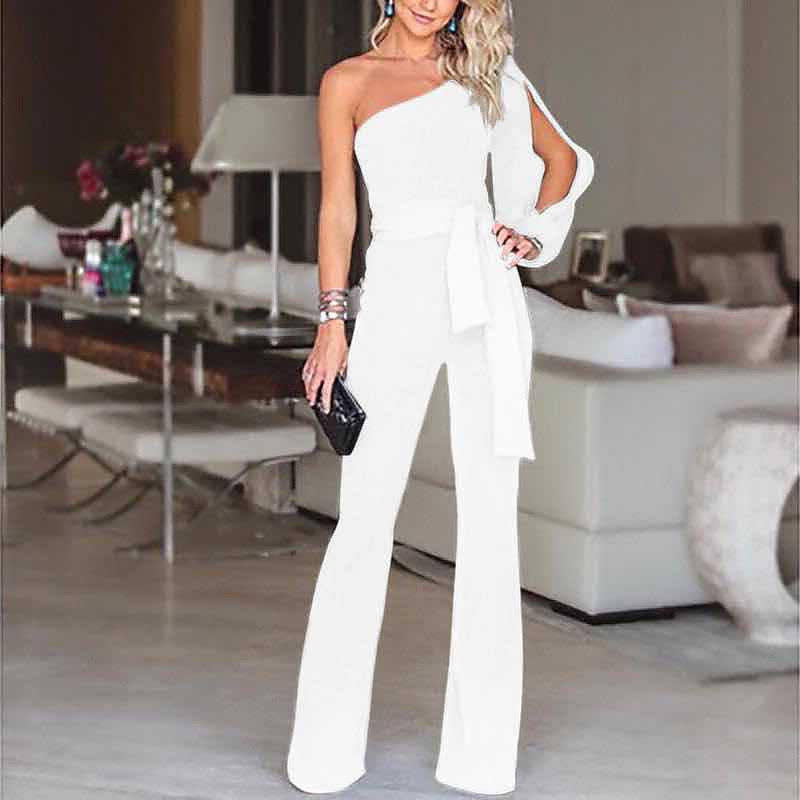 Womens Elegant Party Wedding One Shoulder White Black Pink Jumpsuit Solid Color Drawstring High Waist