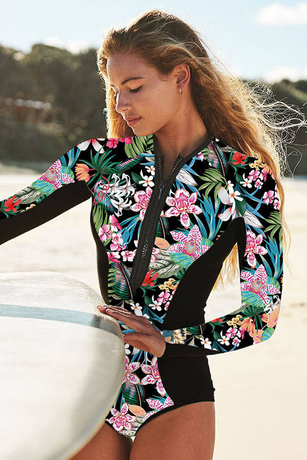 Women Floral Print Long Sleeve Front Zip UPF50+ Rash Guard