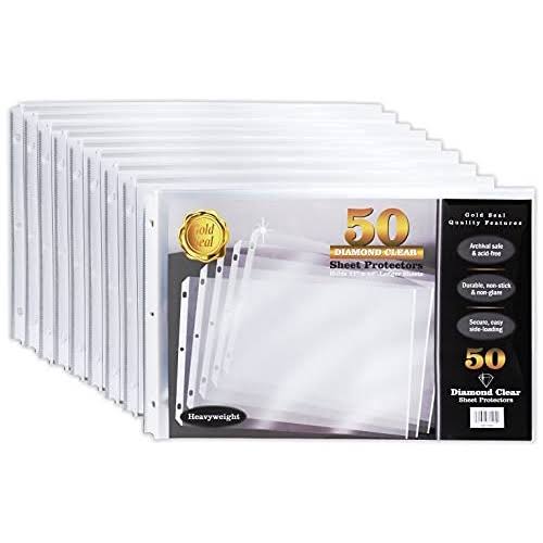 100 Pack 11x17 inch Heavyweight Diamond Clear Sheet Protectors, Side Loading, Ledger Sheet Protectors, by Gold Seal, 3-Hole Punched