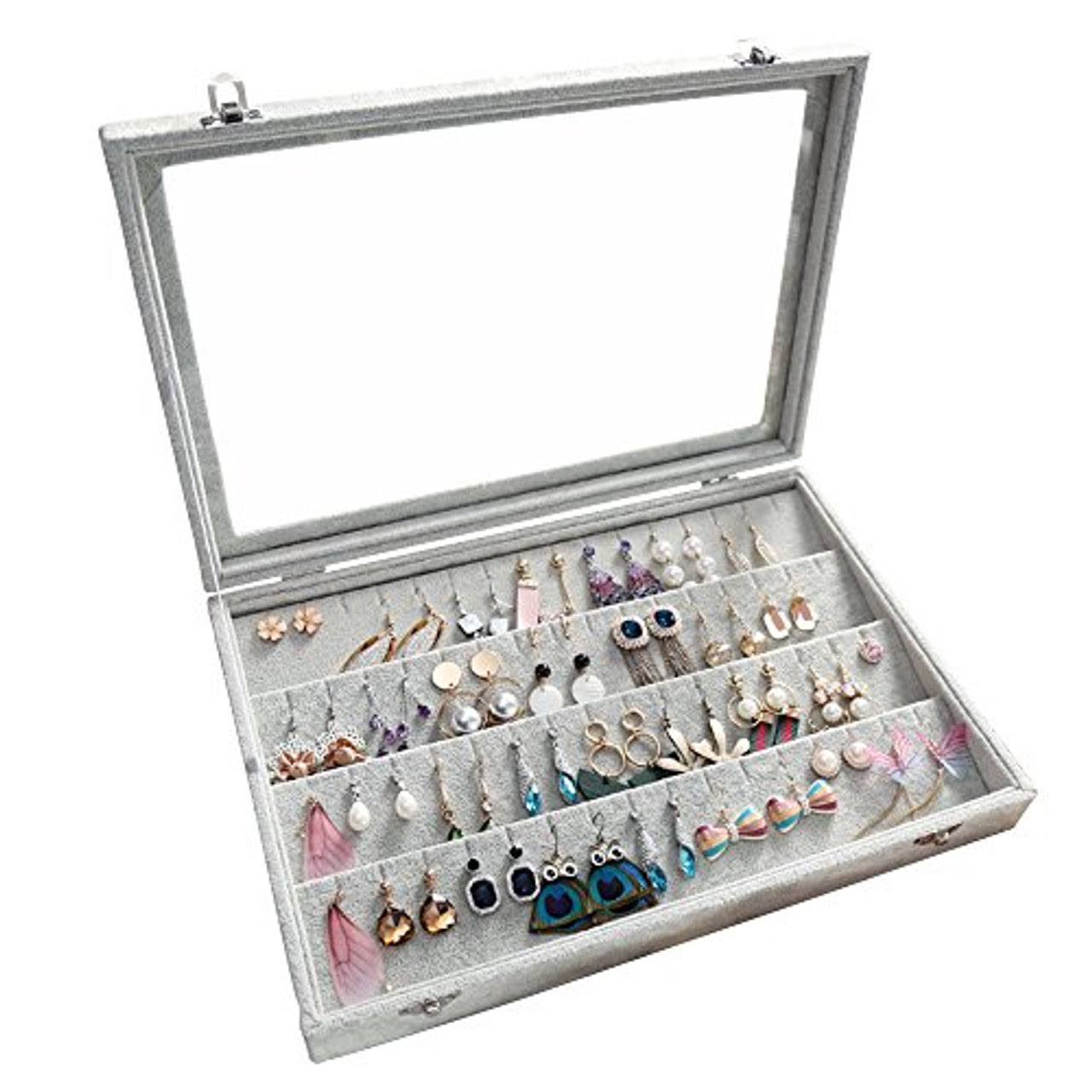 Wuligirl Clear Lid Organizer Holder Velvet Jewelry Tray Display Showcase Storage 32 Pairs Earring Box Case Lockable