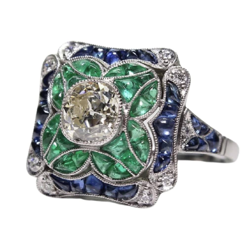 Yuren 925 Sterling Silver Vintage Emerald Ring Women Blue Sapphire White Topaz Ring Wedding Fashion Jewelry Size 6-10