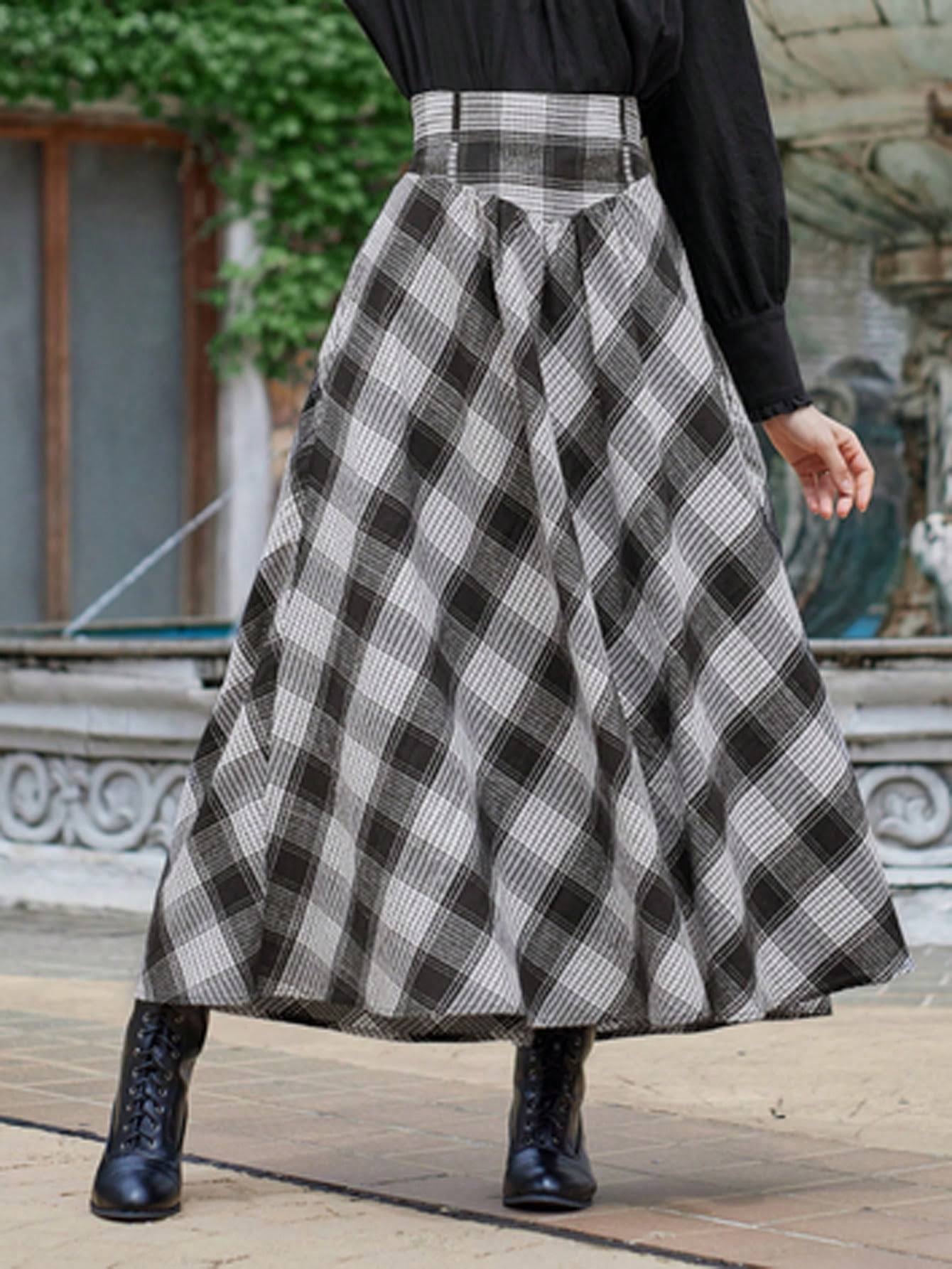 Wide Waistband Plaid Print Flare Skirt