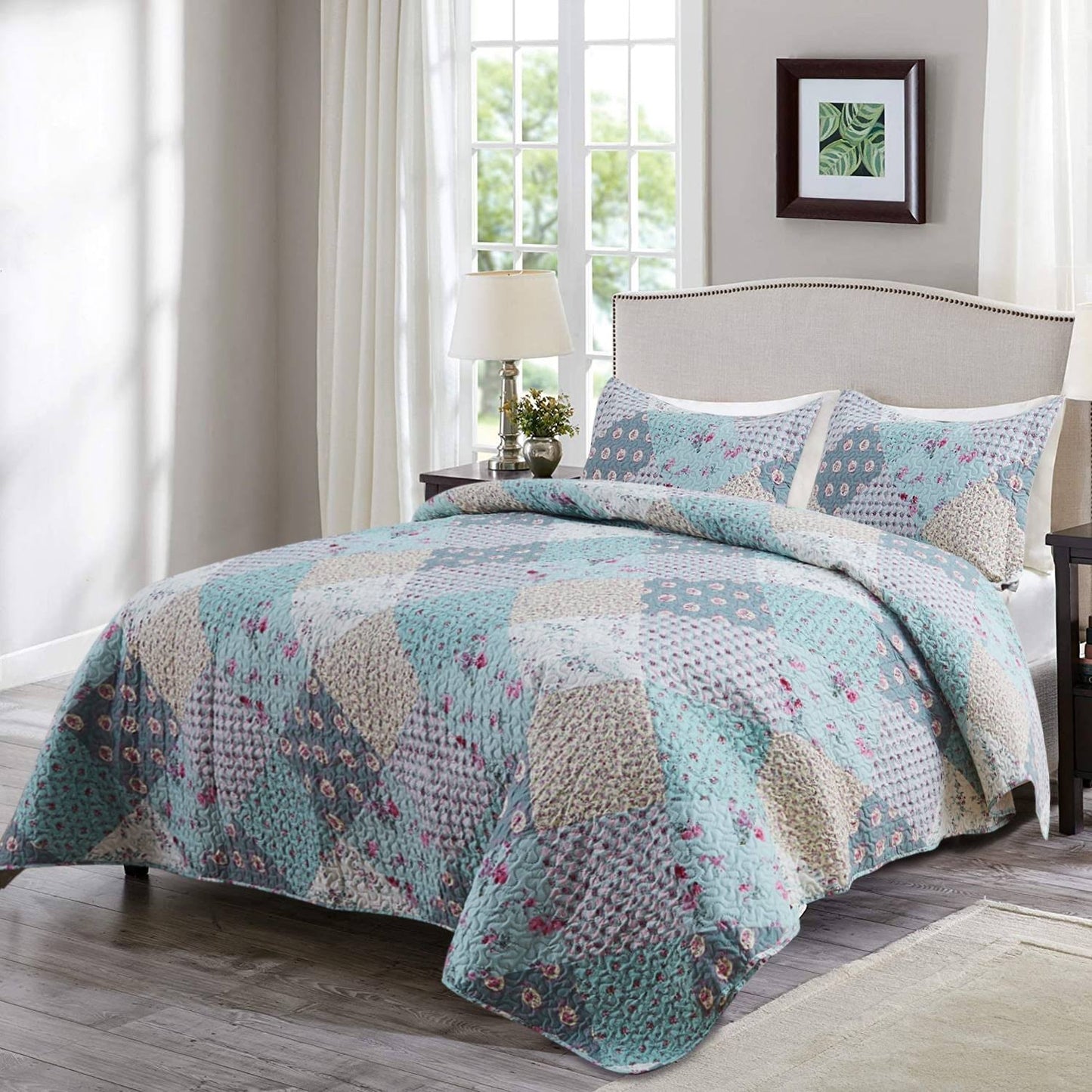 3-Piece Printed Reversible Bedding Quilt Set - Vintage Floral - Queen