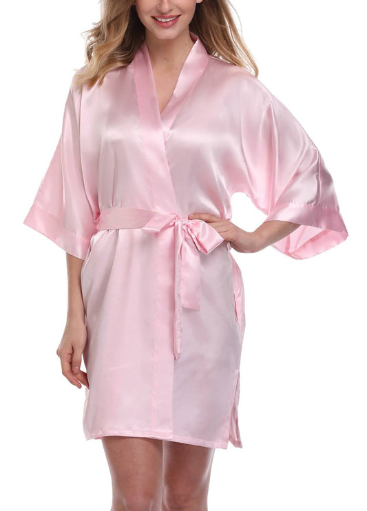 Womens Pure Color Satin Kimono Robe Short Bridesmaids Robe Dressing Gown