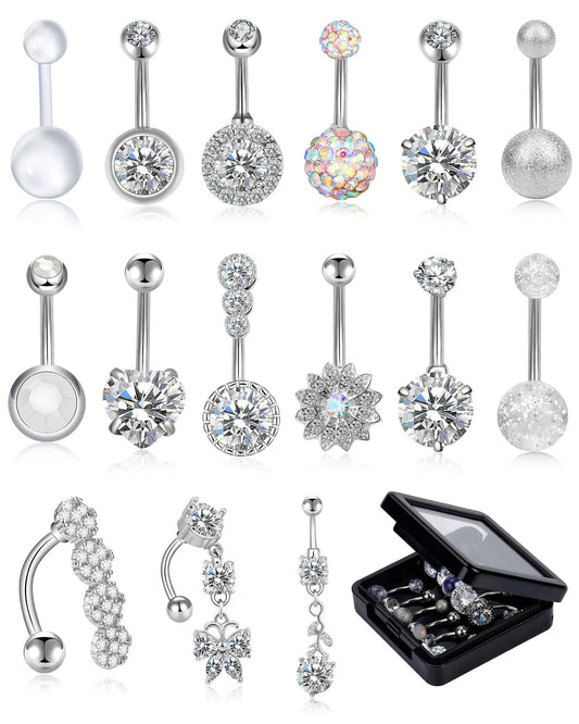 WINSENET 12/15pcs Belly Button Rings 14g Belly Rings for Women CZ Dangle Curved Navel Barbell Body Piercing Jewelry with Gift Box