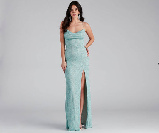 Windsor Doria Formal High Slit Glitter Dress