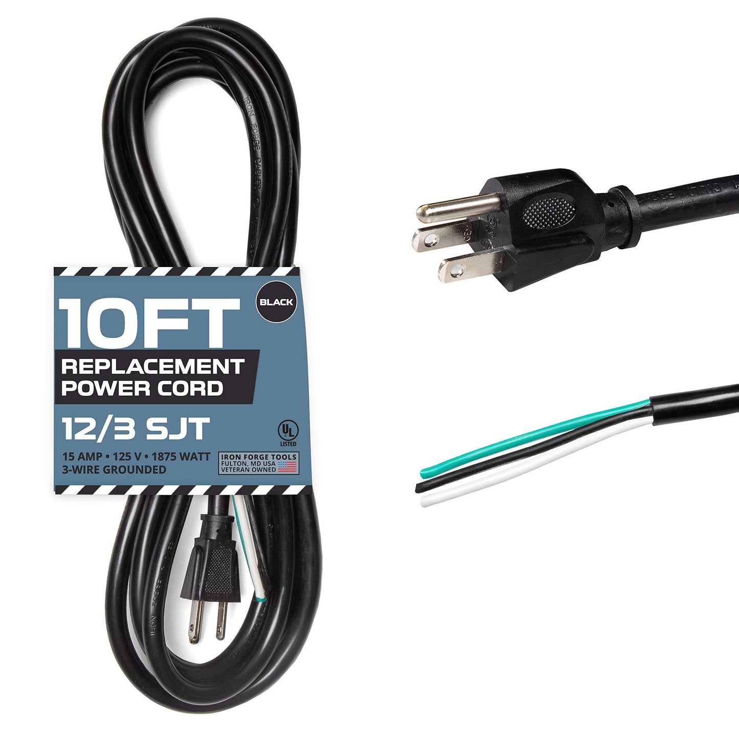 12 AWG Replacement Power Cord with Open End - 6 ft Black Extension Cable, 12/3 SJT, NEMA 5-15P